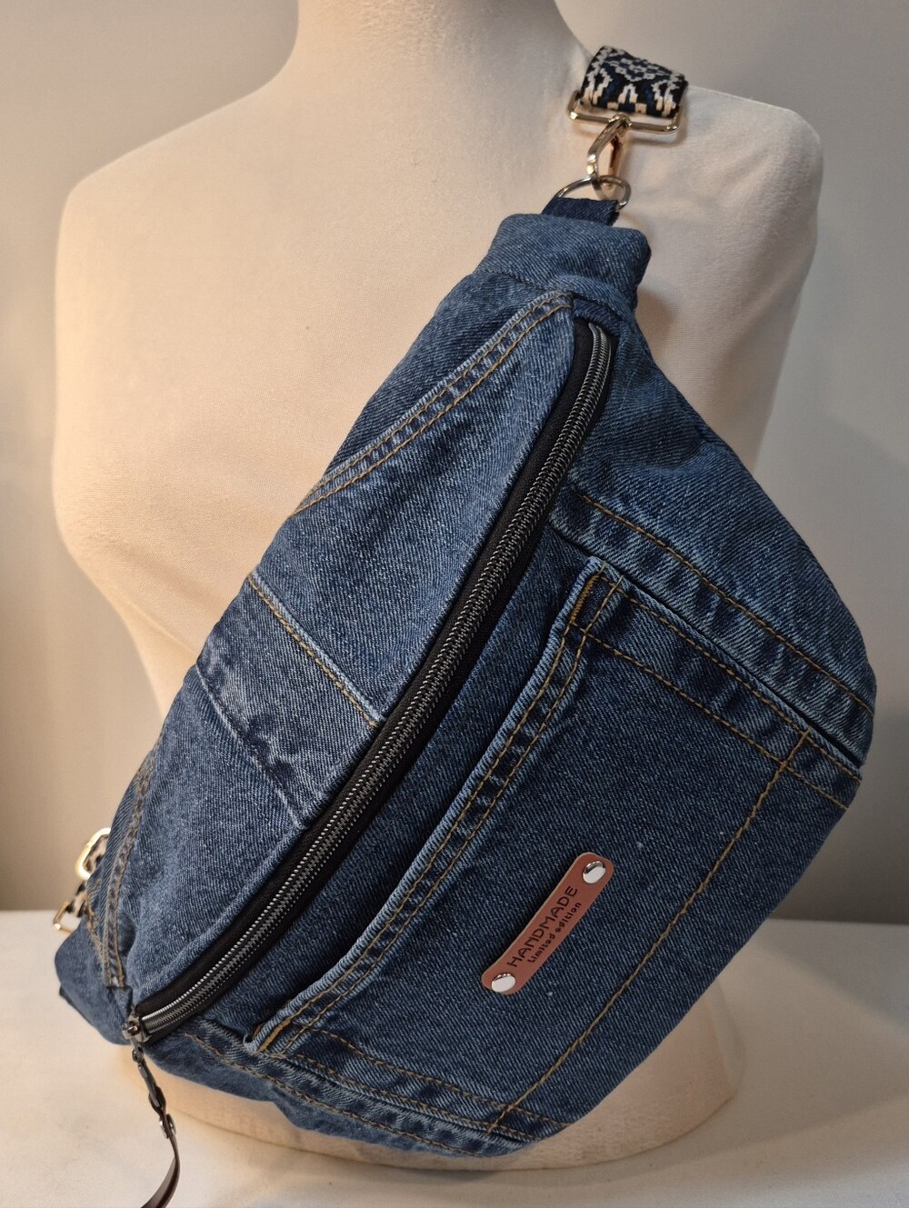 Upcycled Denim Blue Jeans Crossbody Sling Bag -womans